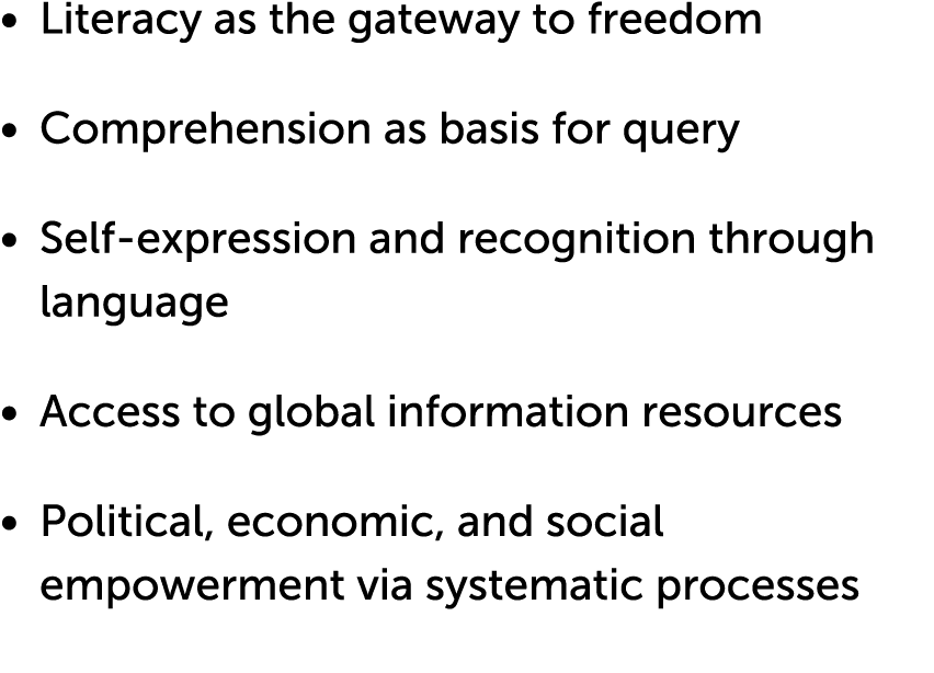   Literacy as the gateway to freedom   Comprehension as basis for query   Self-expression and recognition through lan   