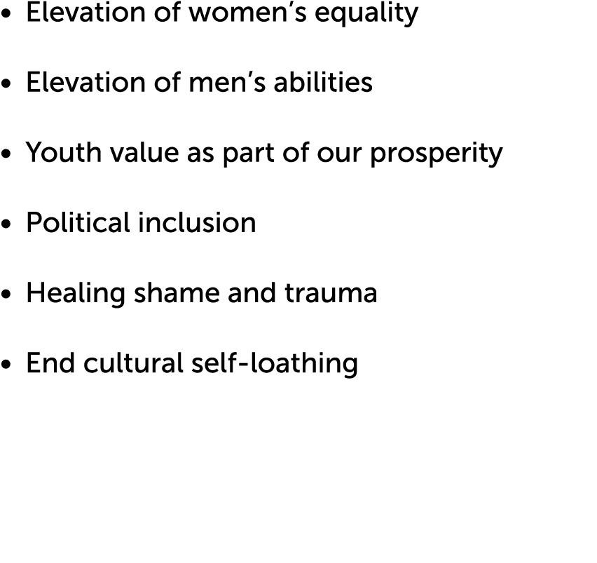   Elevation of women s equality   Elevation of men s abilities   Youth value as part of our prosperity   Political in   