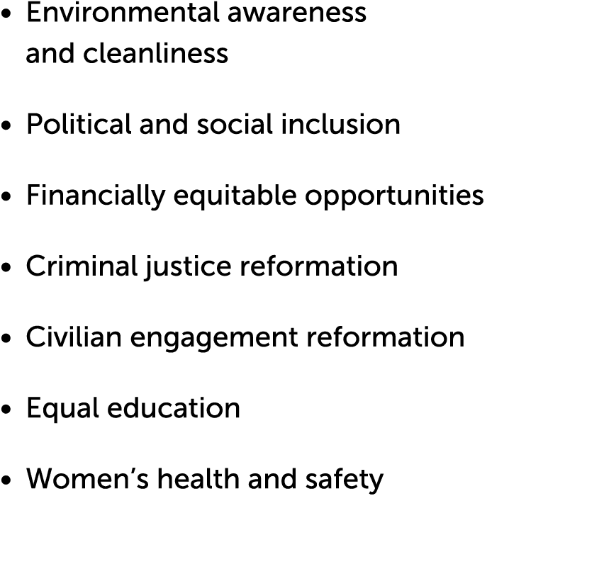   Environmental awareness and cleanliness   Political and social inclusion   Financially equitable opportunities   Cr   